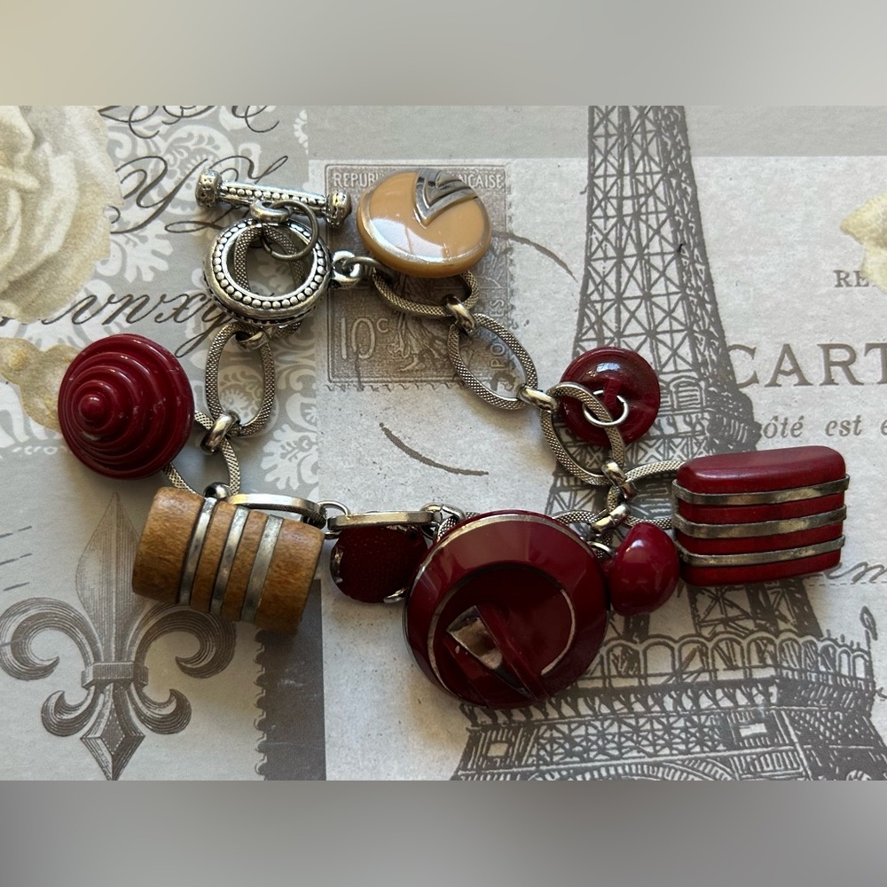 Vintage Glass and Wood Button Charm Bracelet - handmade